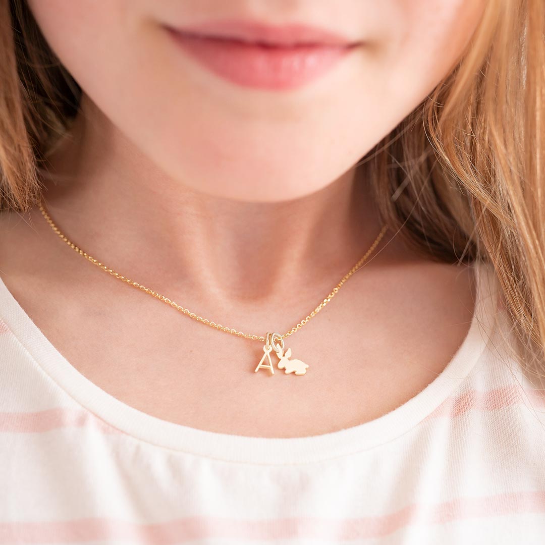 gold plated sterling silver bunny necklace with mini letter initial charm