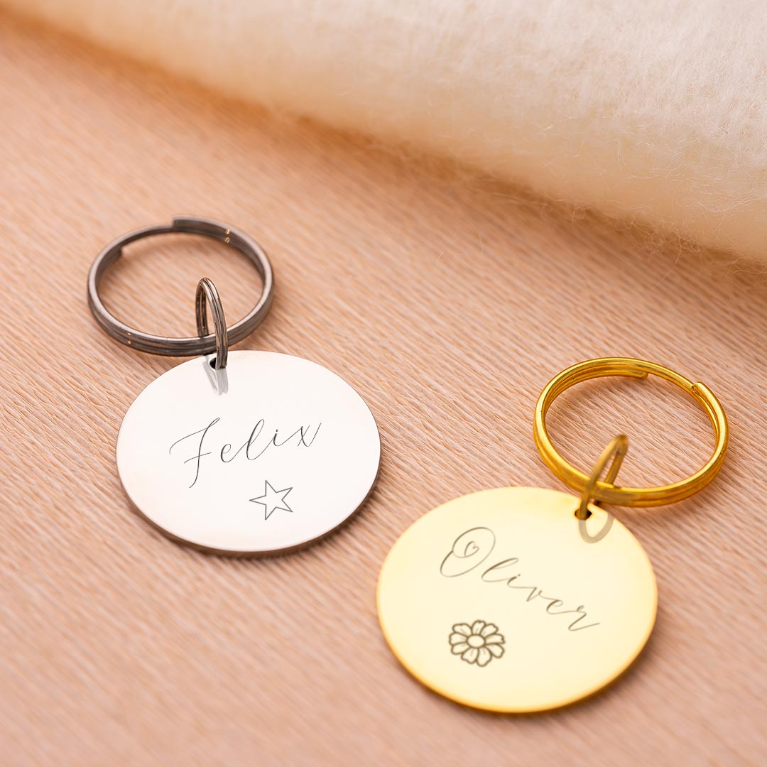 silver and champagne gold name and illustration disc personalised pet tag