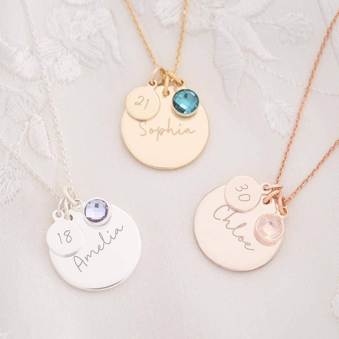 personalised birthday disc and birthstone photo gift set necklace available in silver, champagne gold and rose gold
