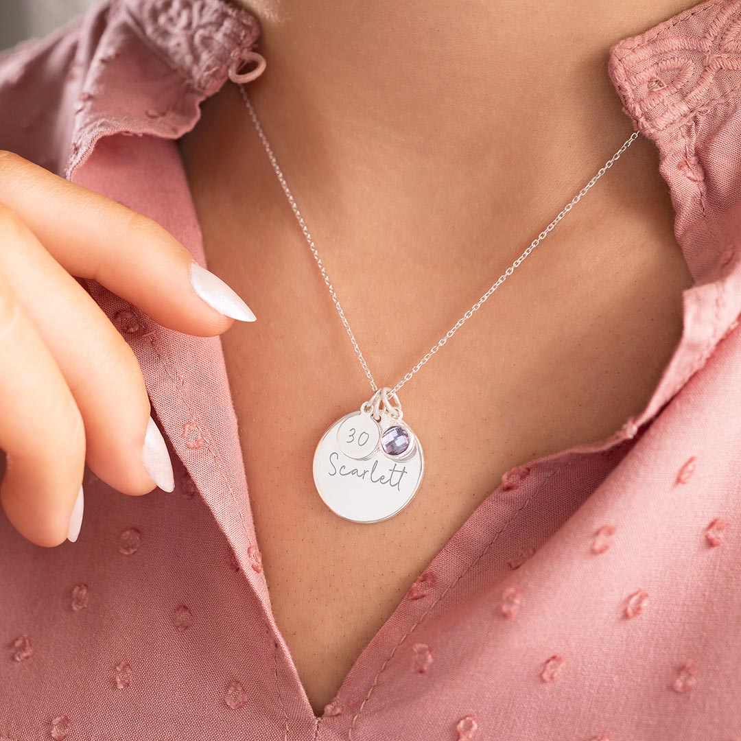 sterling silver 30th birthday disc necklace with engraved name and age