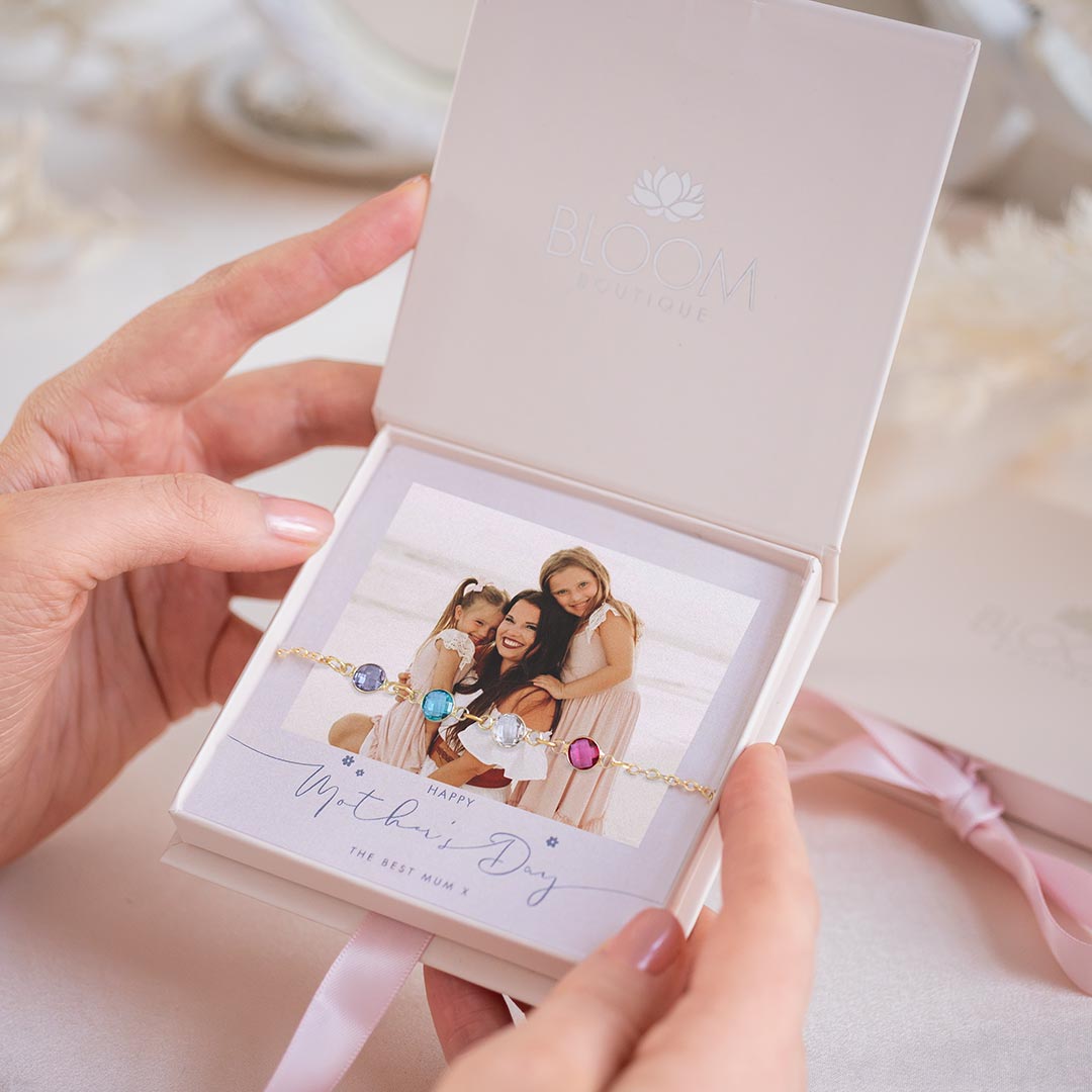 Create your own birthstone bracelet in limited edition gift box complete with personalised photo gift card