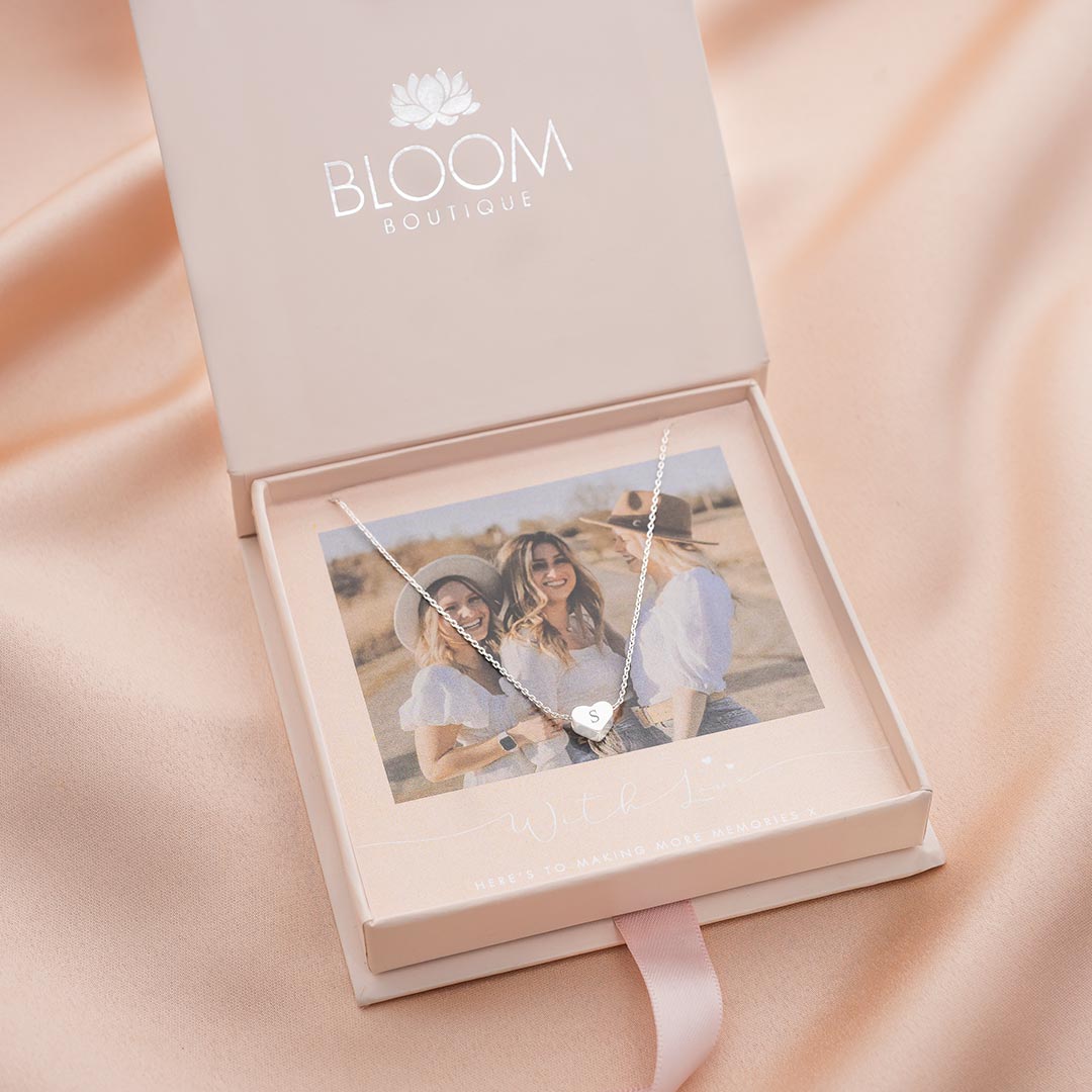 mini heart personalised necklace with bloom boutique photo gift card set