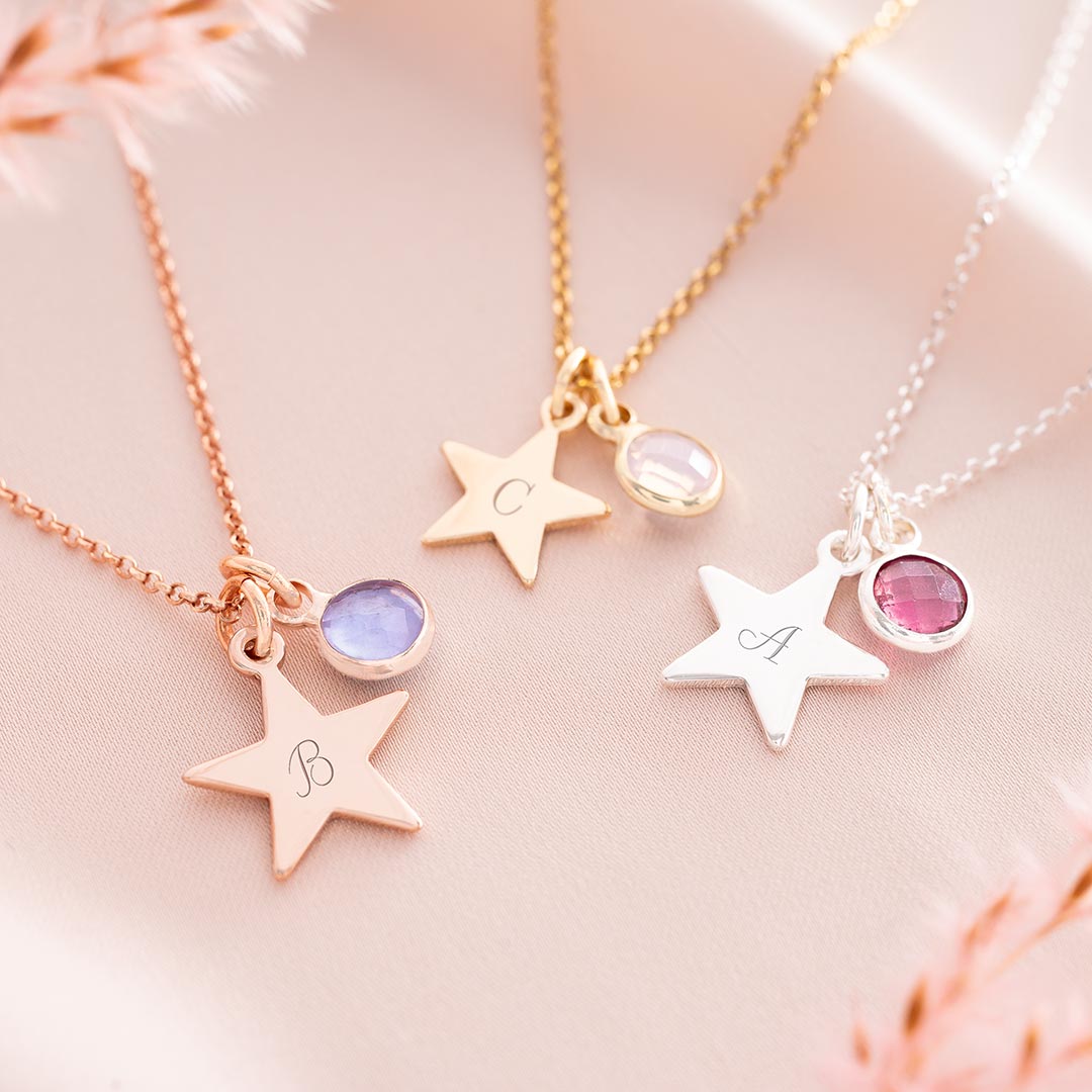 star and birthstone necklace available in silver, rose gold and champagne gold