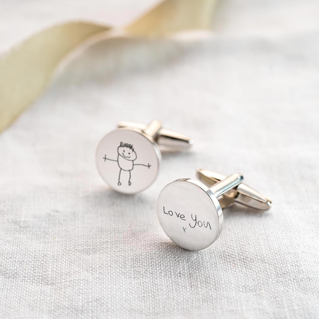 Sterling Silver Personalised Disc Cufflinks with Custom Handwriting / Drawing Personalisation