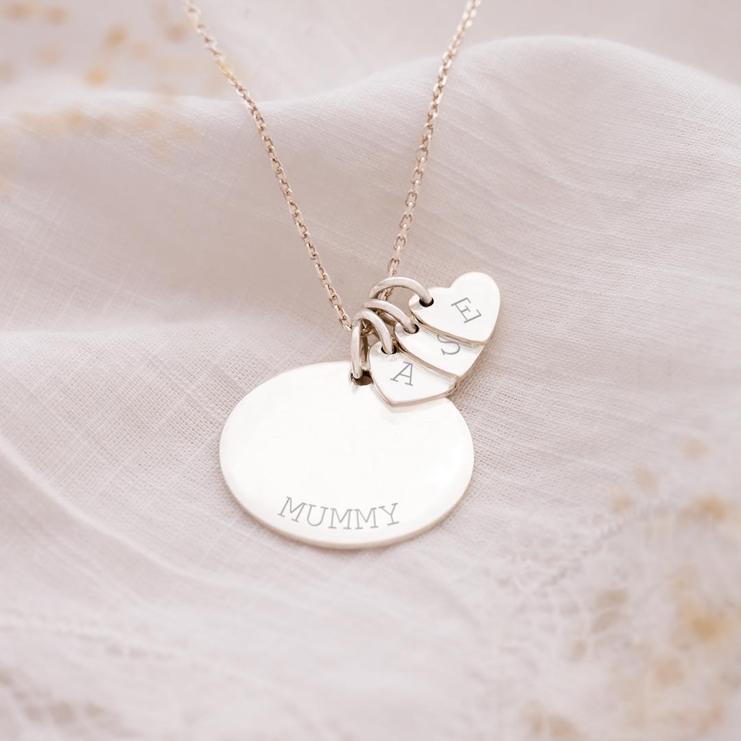 Sterling Silver Family Heart and Disc Charm Necklace with Engraved Names and Initials