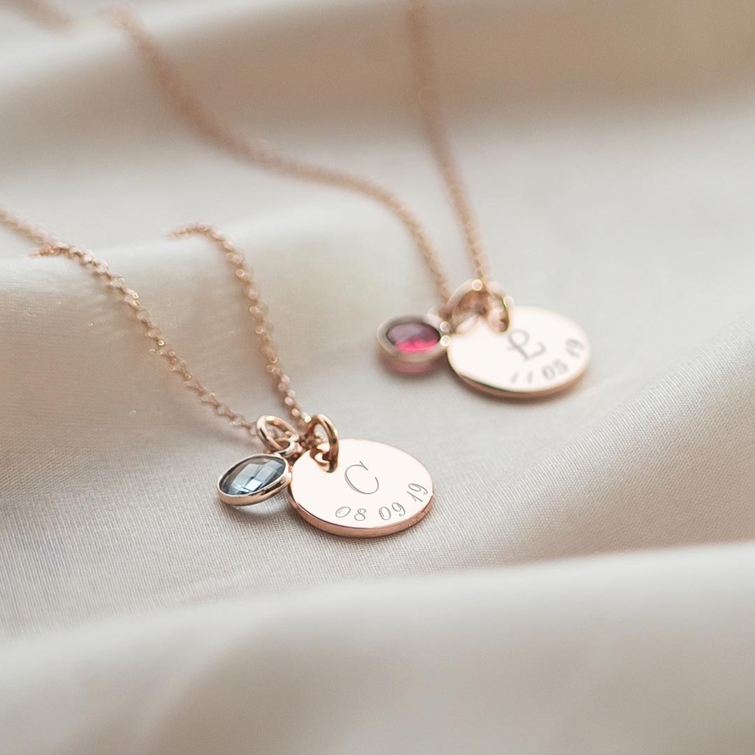 Rose Gold Necklace Chain with Disc Charm Personalised with initial and Date and Birthstone charm