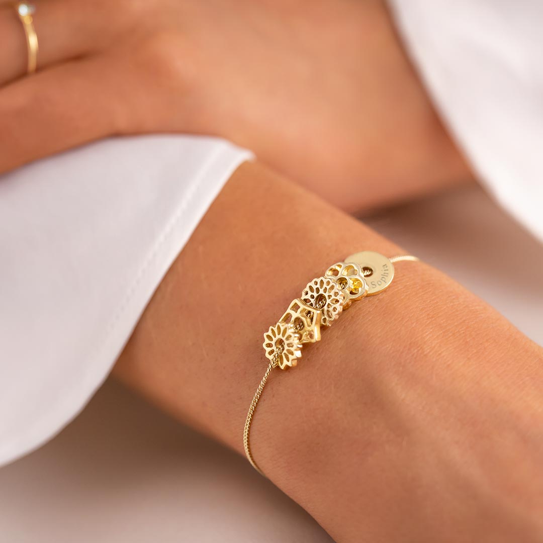 Gold Plated Sterling Silver Sliding Birthflower Bracelet with Name Engraving