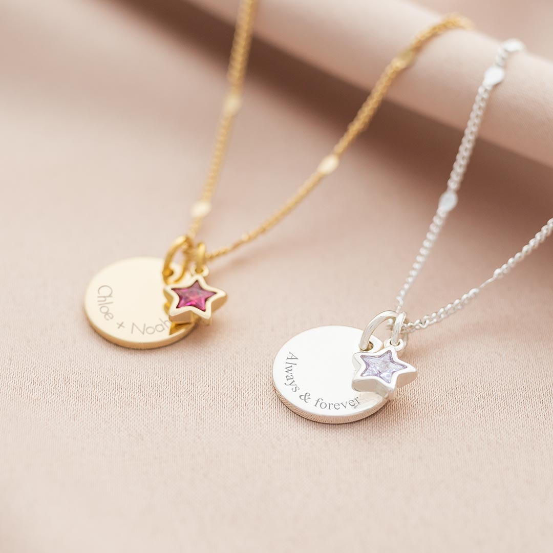 Silver and Champagne Gold Star Birthstone and Disc Personalised Message Necklace