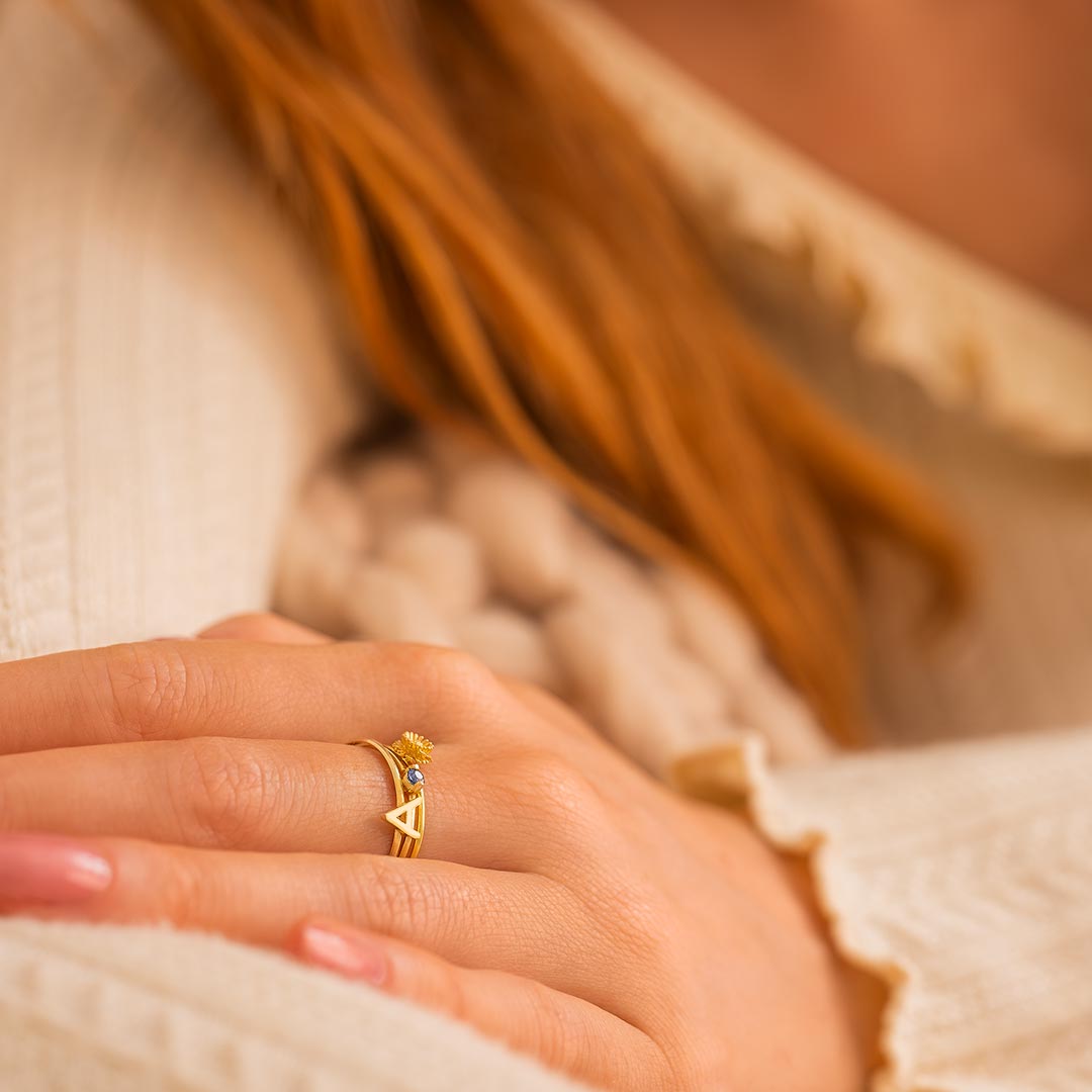 gold plated sterling silver birth flower and initial stacking ring set