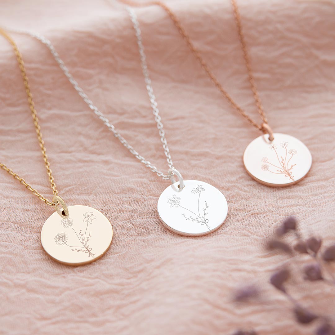 sterling silver, gold plated sterling silver or rose gold plated sterling silver birth flower bouquet necklaces