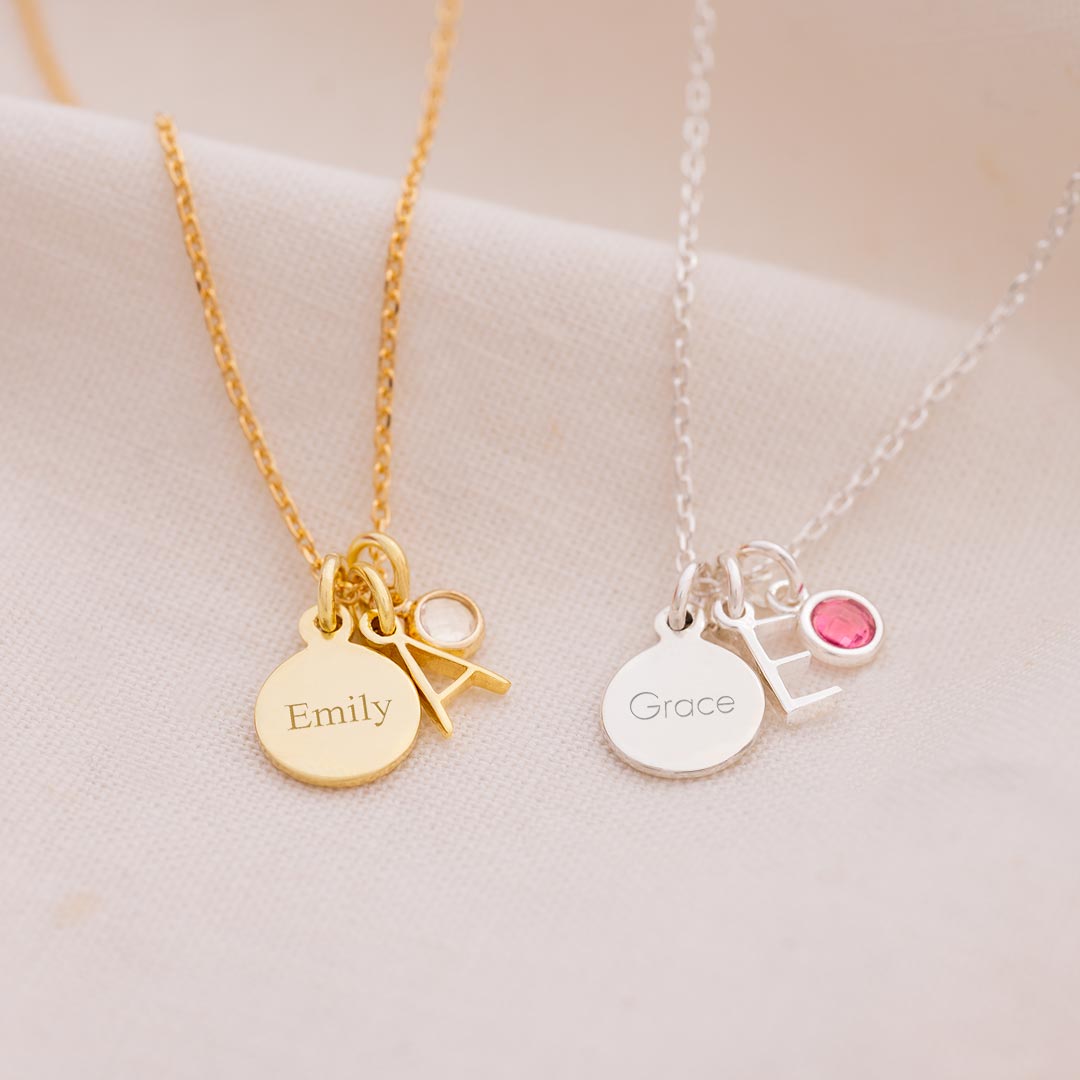 Gold plated sterling silver personalised necklace with engraved name disc, initial charm and birthstone charm