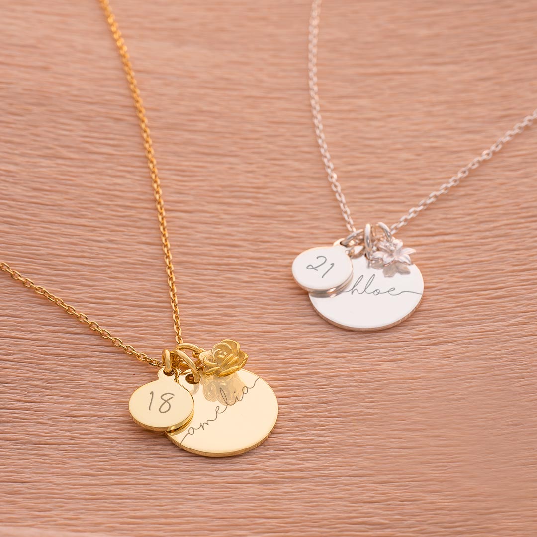 Sterling Silver Esme Birthday Disc and Birth Flower Personalised Necklace