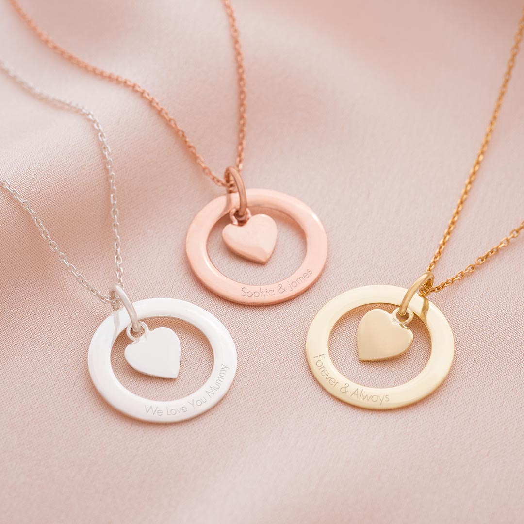 eternal ring and heart charm necklace available in sterling silver, rose gold plated sterling silver and gold plated sterling silver