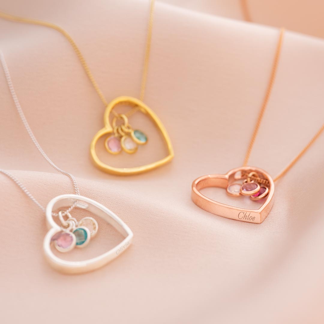 sterling silver, rose gold plated sterling silver and gold plated sterling silver heart pendant and birthstone necklace