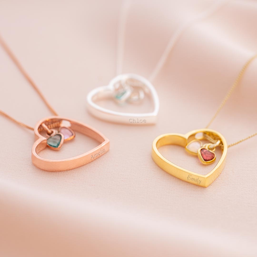 family heart birthstone pendant personalised necklace available in sterling silver, rose gold plated sterling silver and gold plated sterling silver