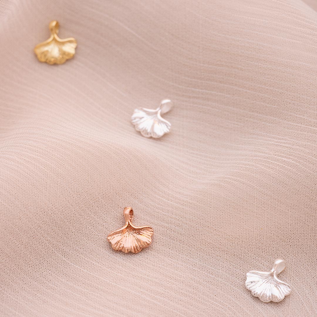 ginkgo leaf charm available in sterling silver, rose gold plated sterling silver and gold plated sterling silver