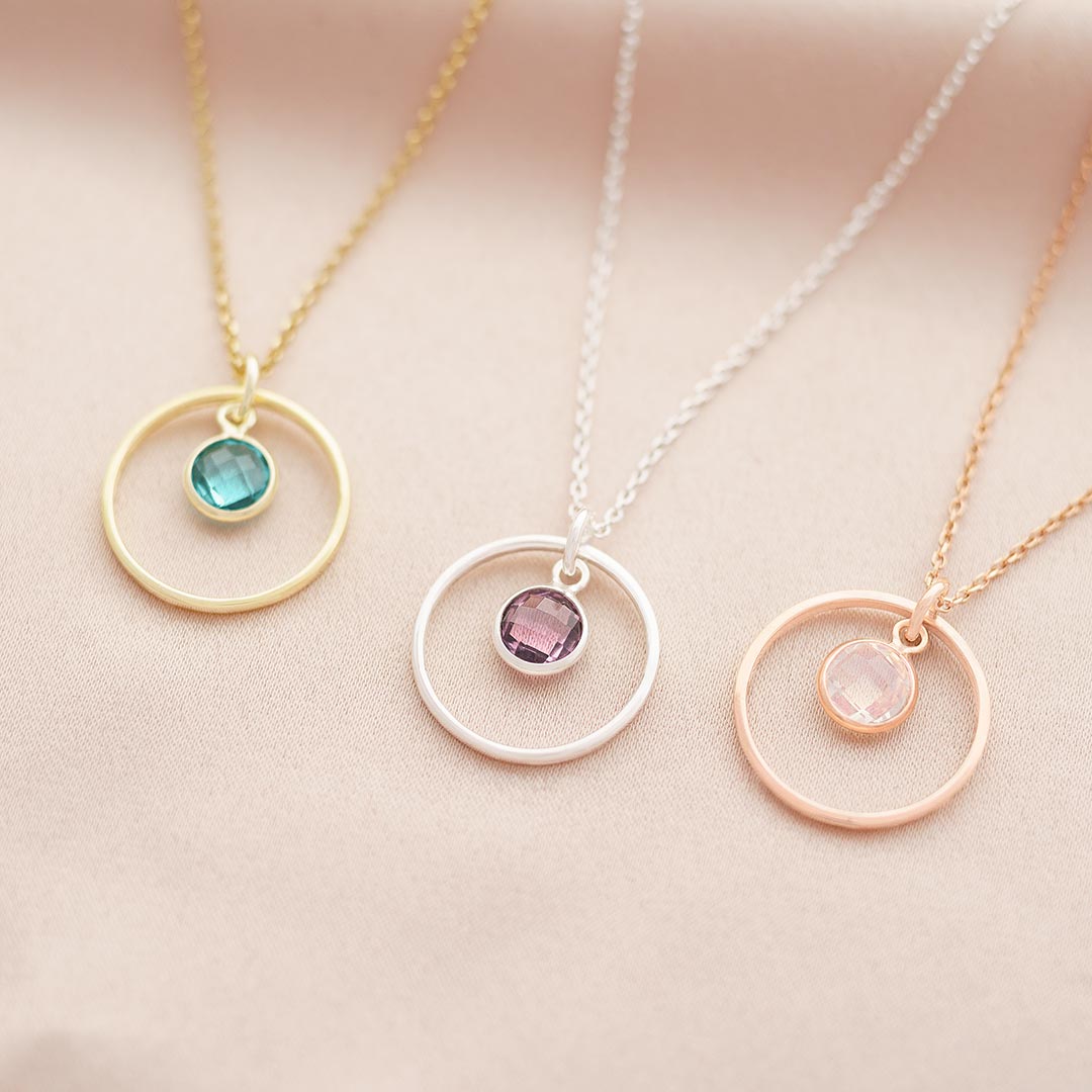 Halo Charm and Birthstone Personalised Necklace available in silver, champagne gold and rose gold