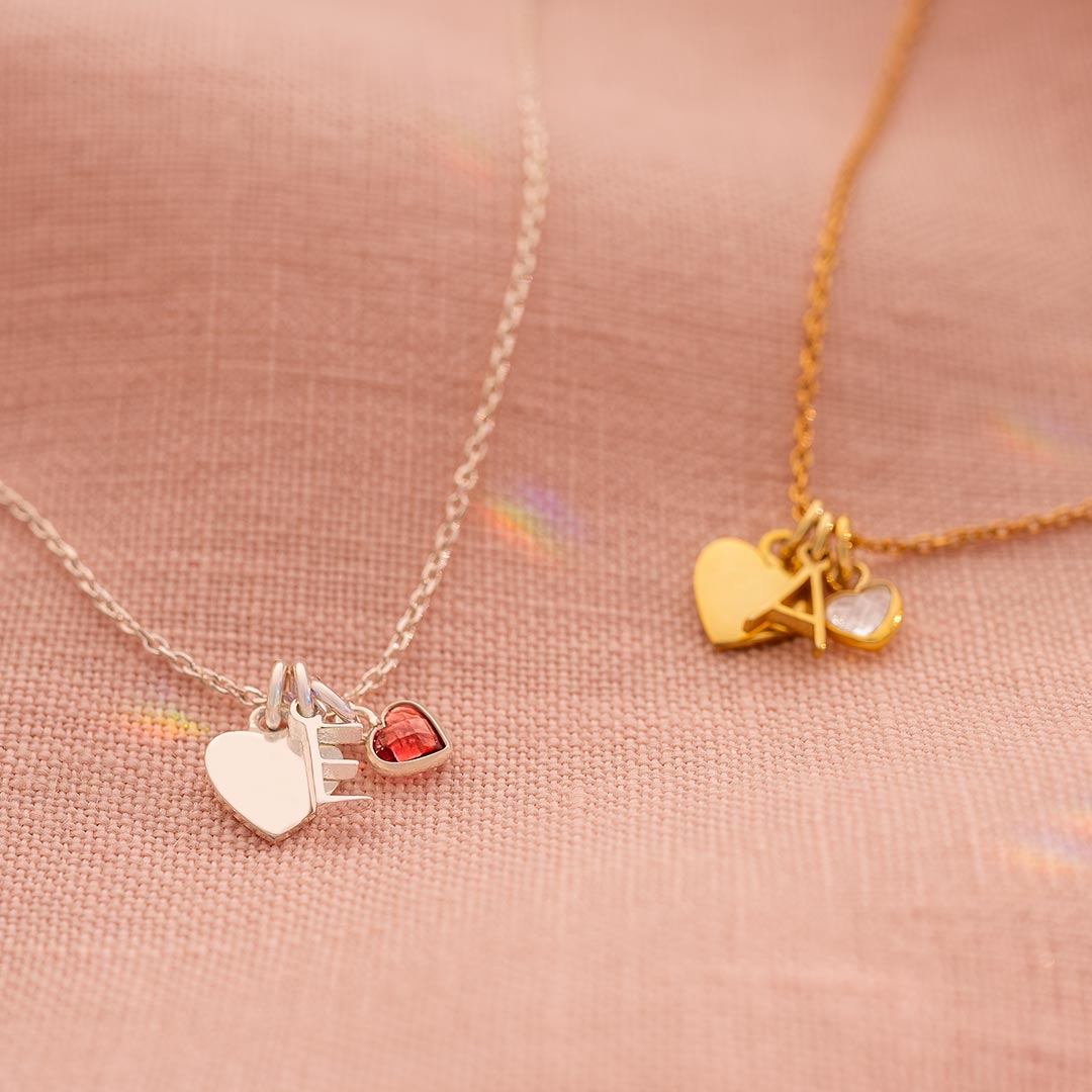 sterling silver and gold plated sterling silver heart, mini letter and gemstone heart personalised necklace
