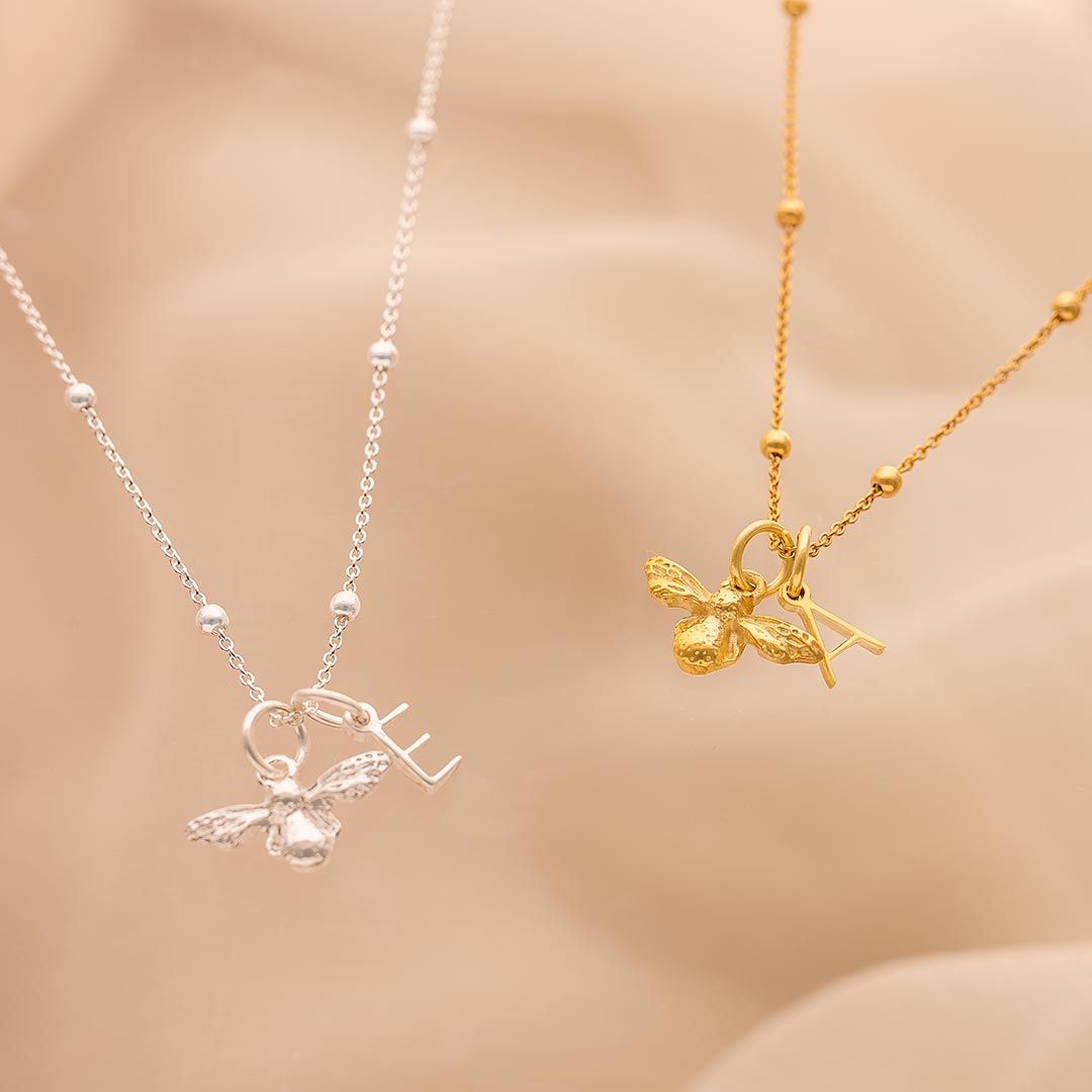 personalised honey bee and mini letter personalised necklace available in sterling silver and gold plated sterling silver