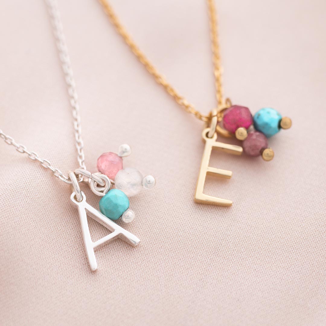 Sterling Silver Letter and Family Birthstone Personalised Necklace