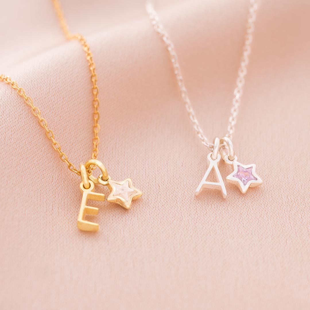Sterling Silver Letter and Star Birthstone Personalised Necklace