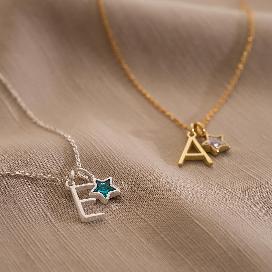 Sterling Silver Contemporary Letter and Star Birthstone Personalised Necklace