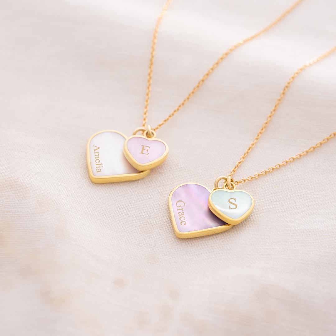 gold plated sterling silver mother of pearl double heart personalised name and initial necklace