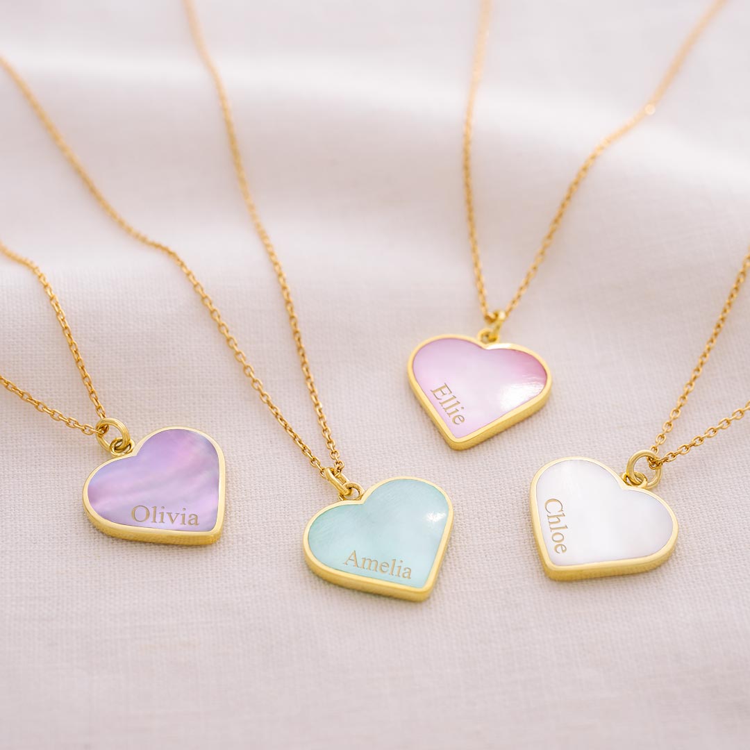 mother of pearl personalised fine heart necklace in 4 stunning colourways