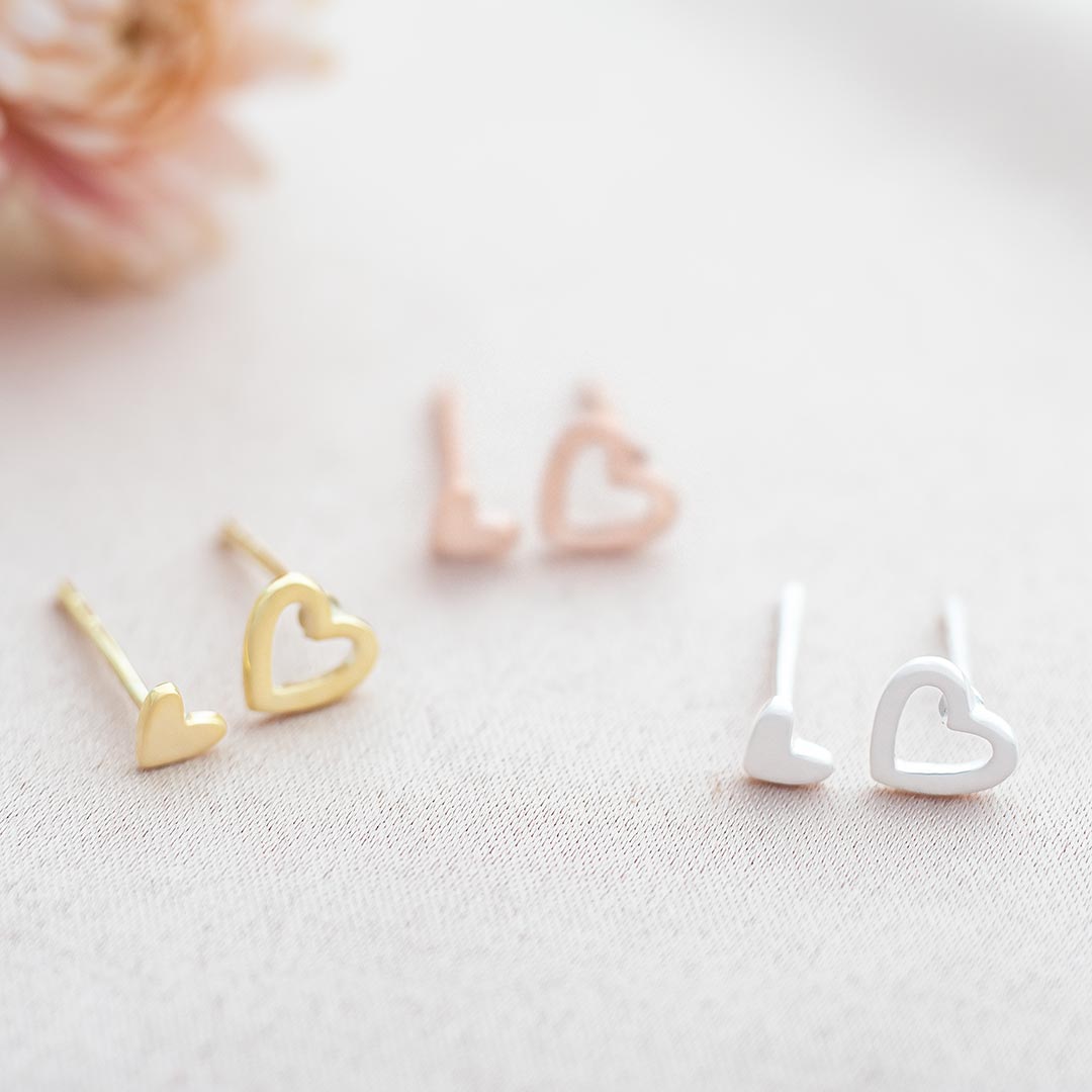 large heart cut out earring and small heart earring available in sterling silver, gold plated sterling silver and rose gold plated sterling silver