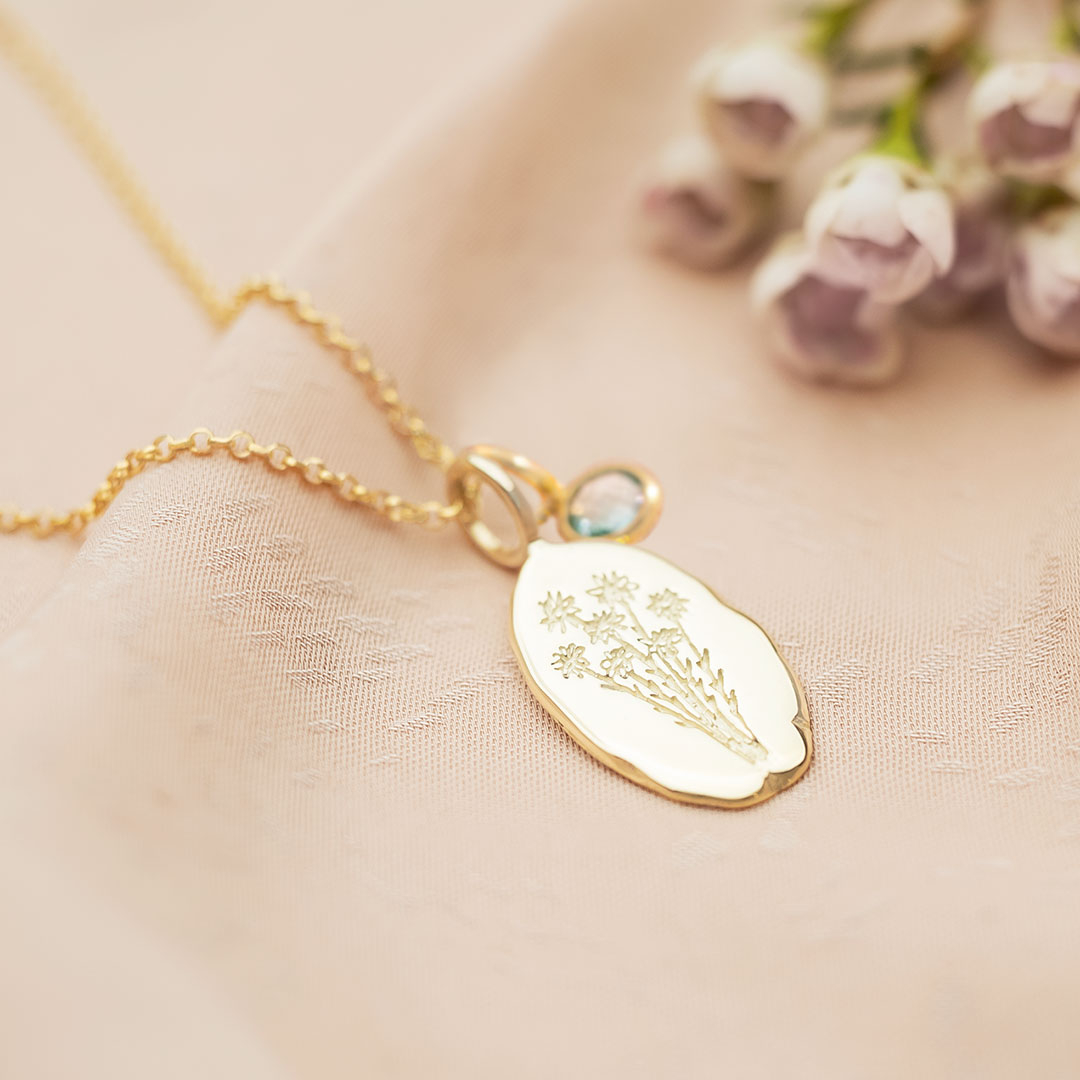 Gold Plated Sterling Silver Oval Birth Flower Personalised Necklace with 4mm Birthstone Charm