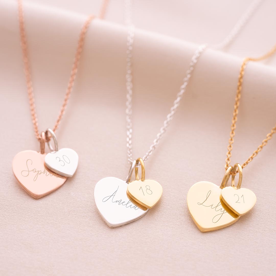 sia double heart birthday necklace available in sterling silver, gold plated sterling silver and rose gold plated sterling silver