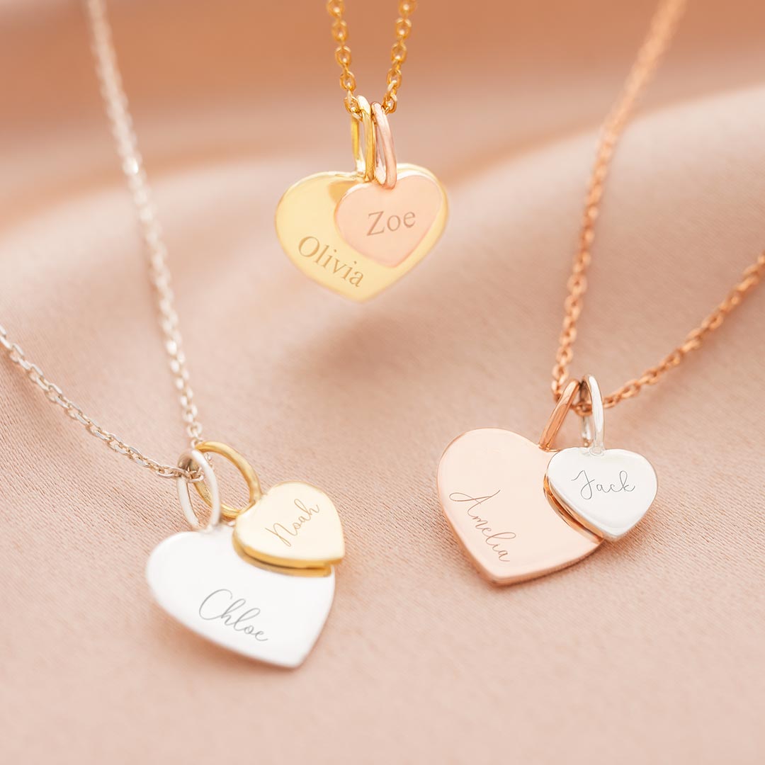 sterling silver double heart necklace with sterling silver chain and large heart and gold small heart charm