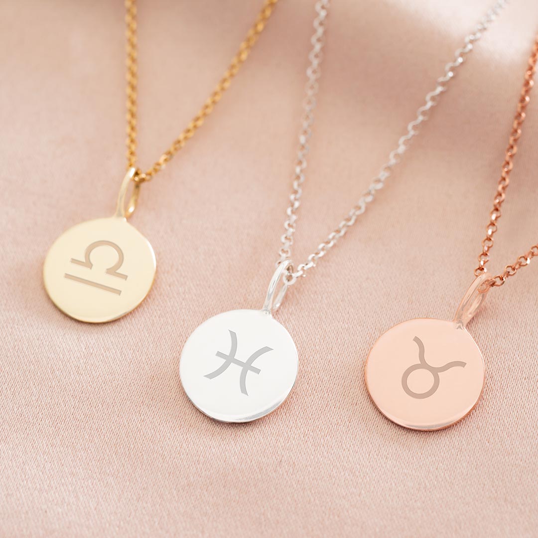 personalised zodiac necklace in sterling silver, rose gold plated sterling silver and gold plated sterling silver