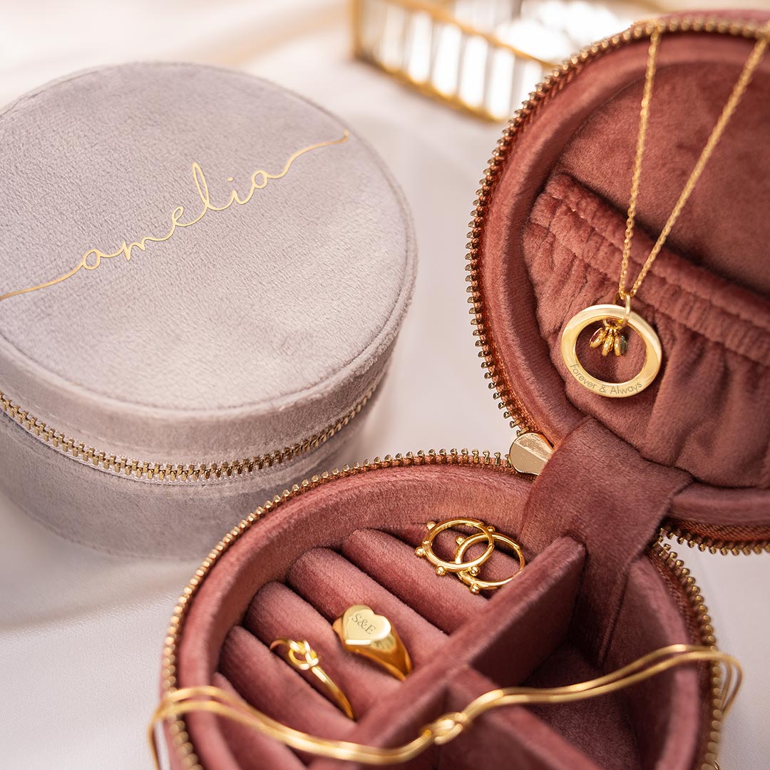 suede round jewellery box personalised with a modern script style name