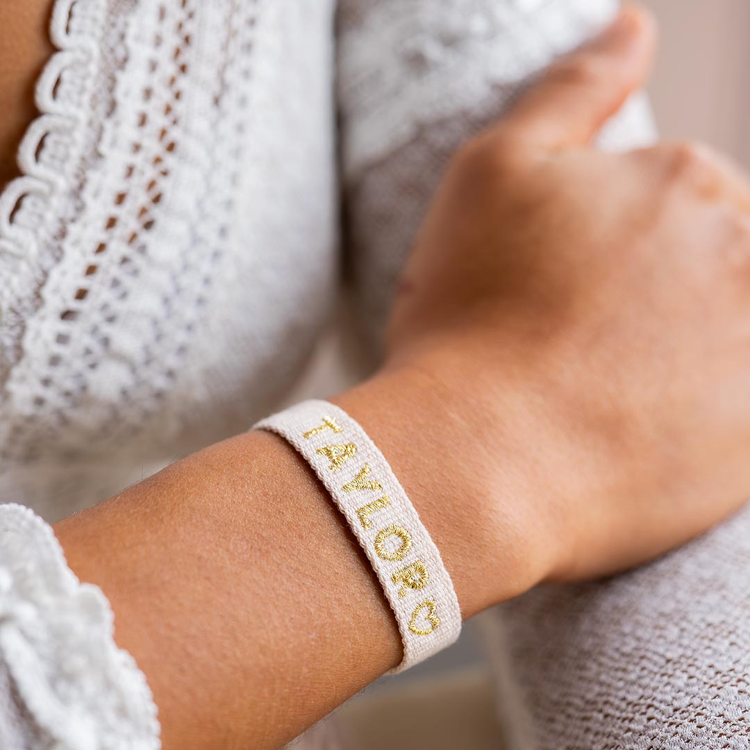 Swiftie Personalised Name Woven Bracelet in Cream with Gold Embroidery