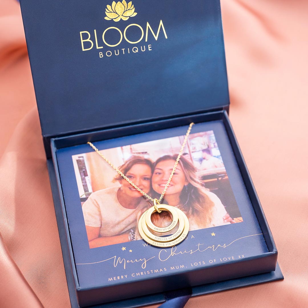 Personalised Triple Eternal Ring Pendant Necklace Photo Gift Card Set