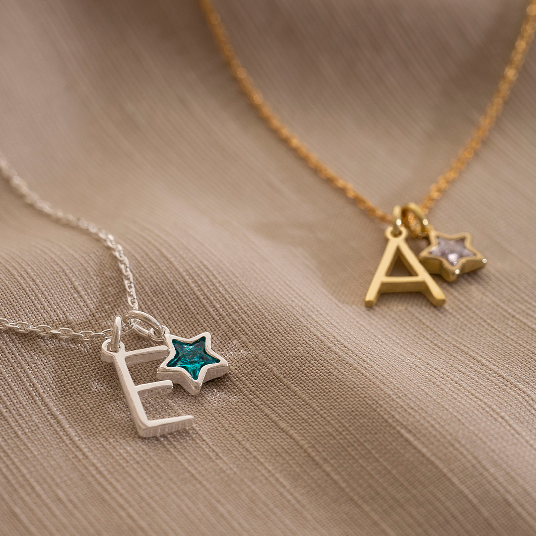 Sterling Silver Contemporary Letter and Star Birthstone Personalised Necklace