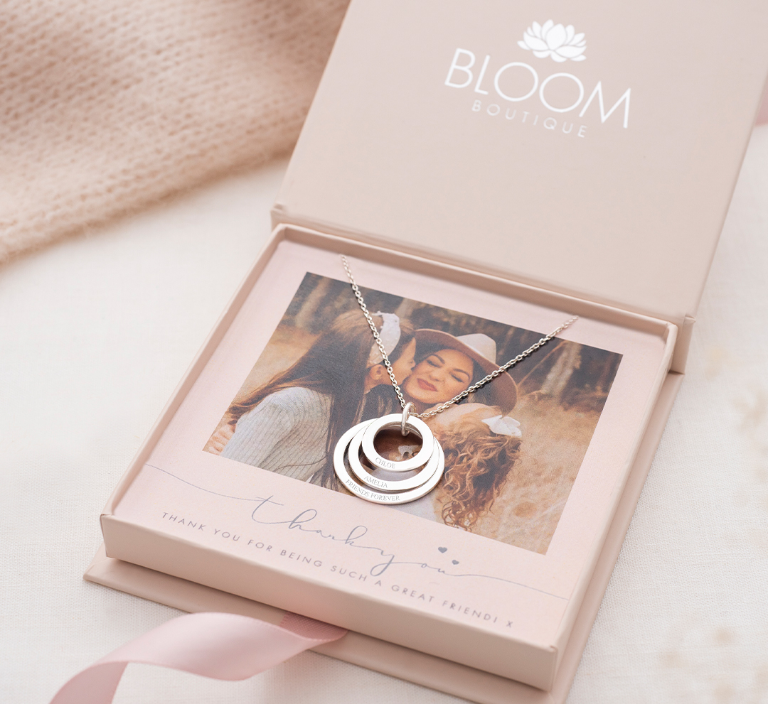 Personalised Triple Eternal Ring Pendant Necklace Photo Gift Set