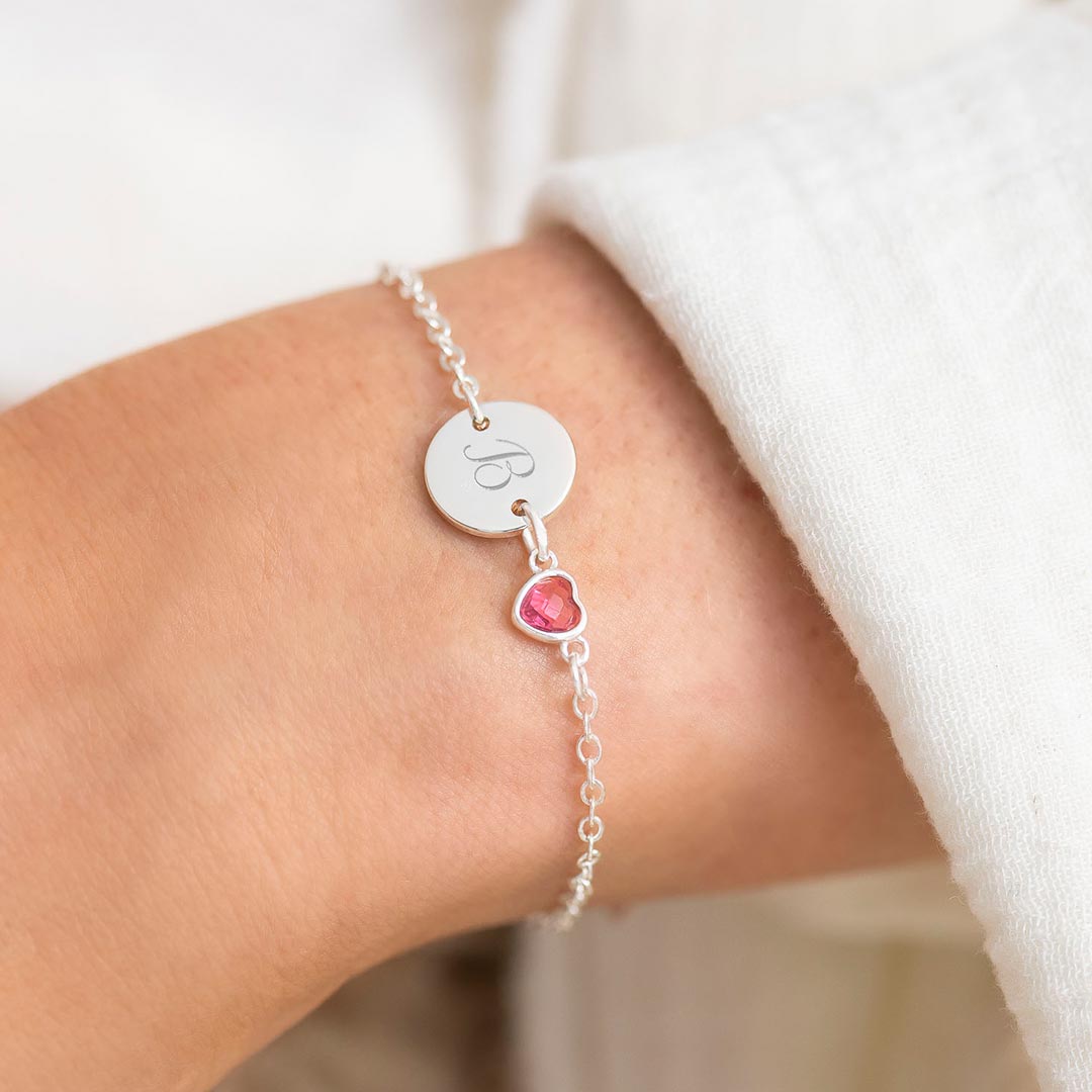 Initial Disc and Heart Birthstone Personalised Bracelet