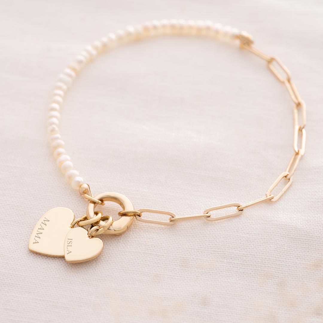Freshwater Pearl and Chain Double Heart Personalised Bracelet