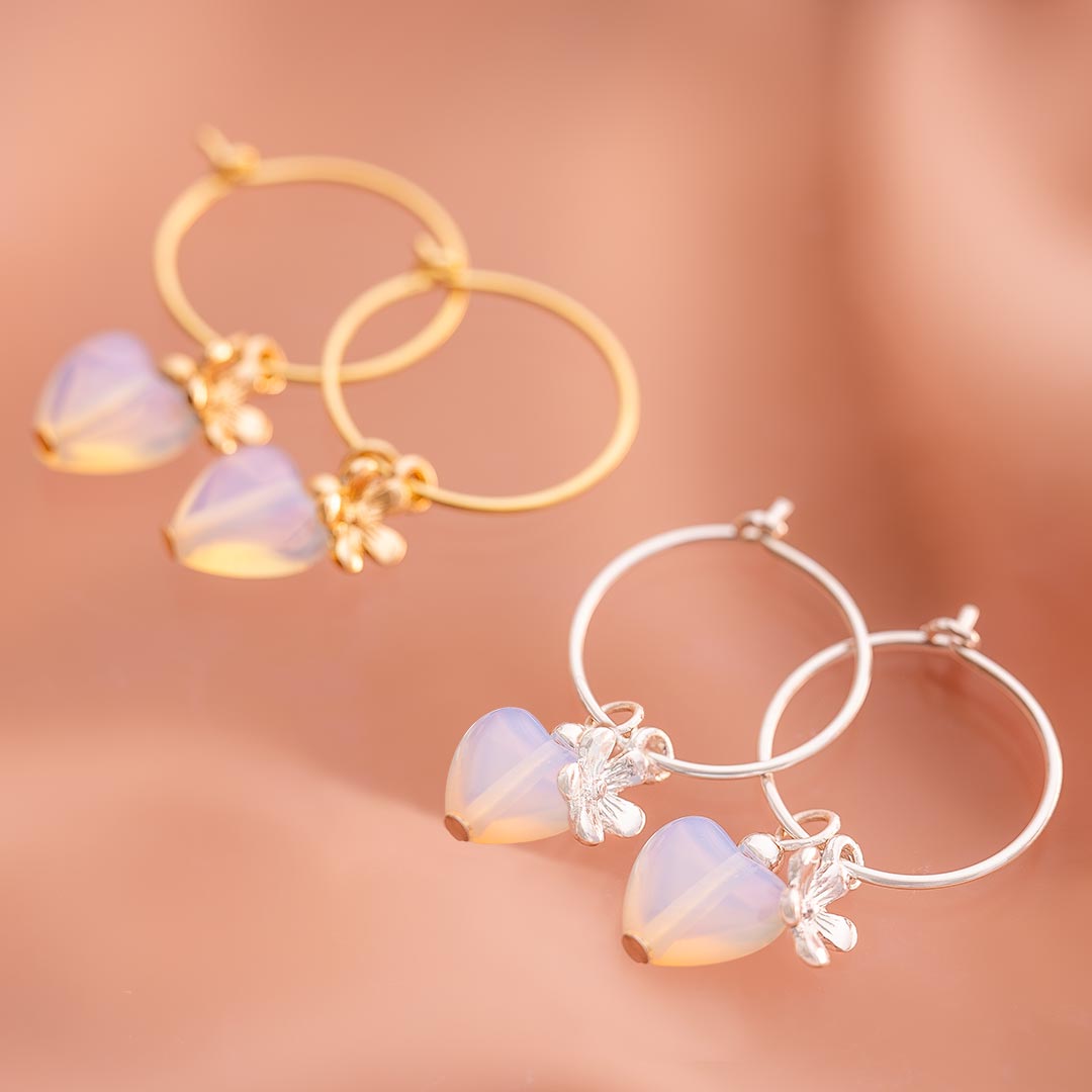 Stone Heart and Micro Flower Hoop Earrings