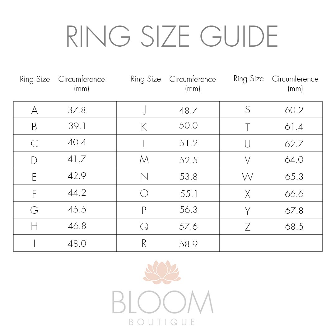 Ring Size Guide chart with ring sizes A to Z and corresponding circumferences in millimeters, from 37.8 mm for size A to 68.5 mm for size Z, by Bloom Boutique.