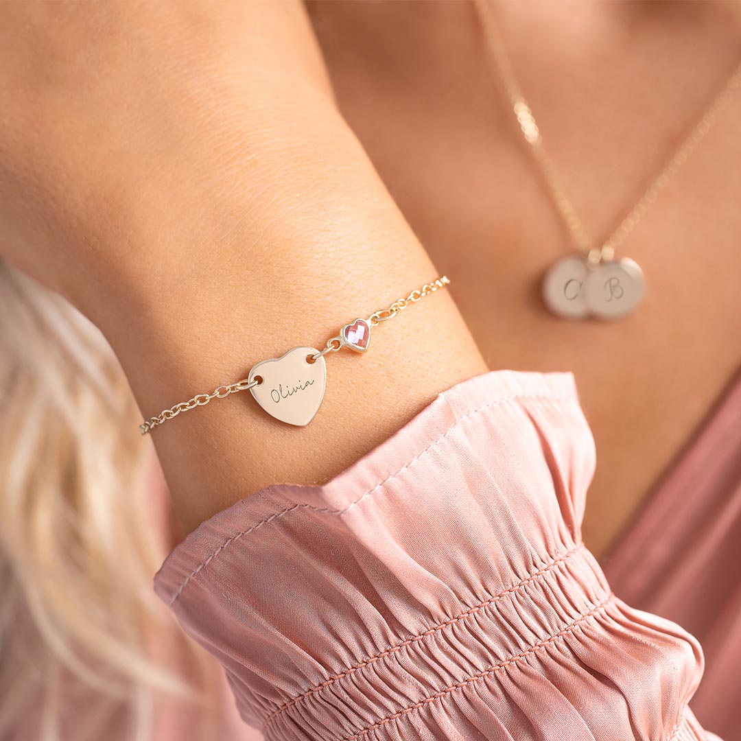 Chloe Heart and Heart Birthstone Personalised Bracelet