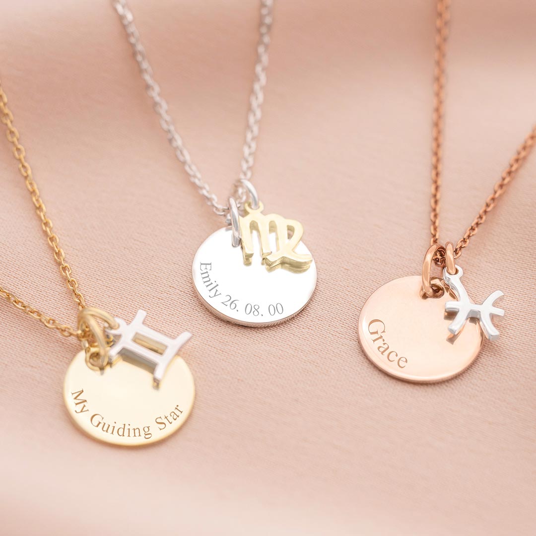 Sterling Silver Zodiac Charm and Disc Personalised Necklace